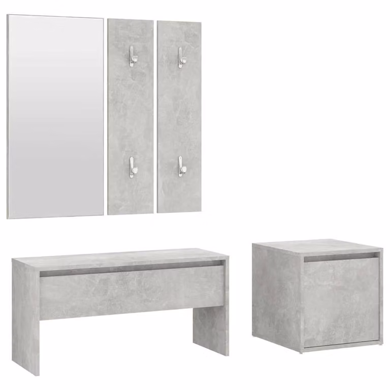 Juego de muebles de recibidor moderno vidaXL de madera contrachapada con banco, espejo y estante de pared en color gris hormigón mate