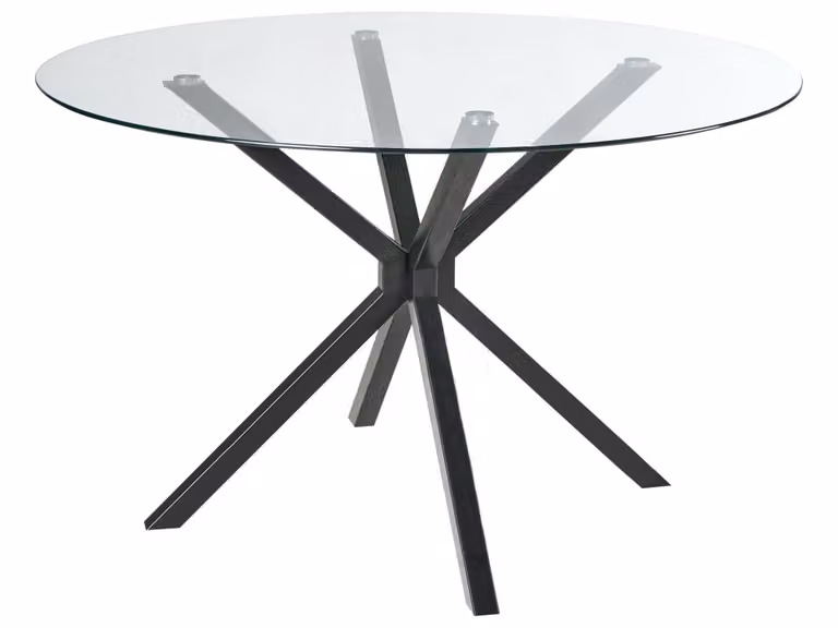 Mesa de comedor redonda moderna Beliani con superficie de vidrio transparente y estructura de metal negra para 4 adultos