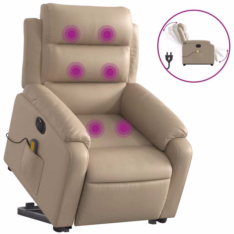 Sillón reclinable de masaje eléctrico vidaXL en cuero sintético color capuchino con asistencia de elevación para mayores