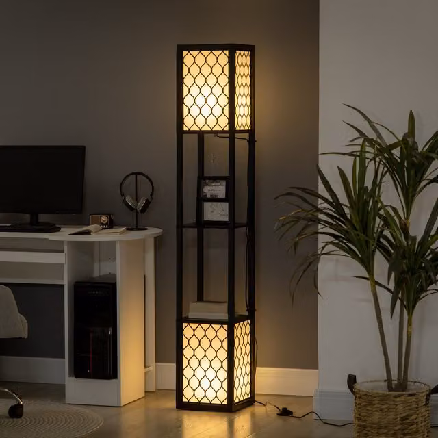 Lámpara de pie tipo columna PZCC con 2 estantes en blanco y negro, An/An/Al: 26 x 26 x 156 cm