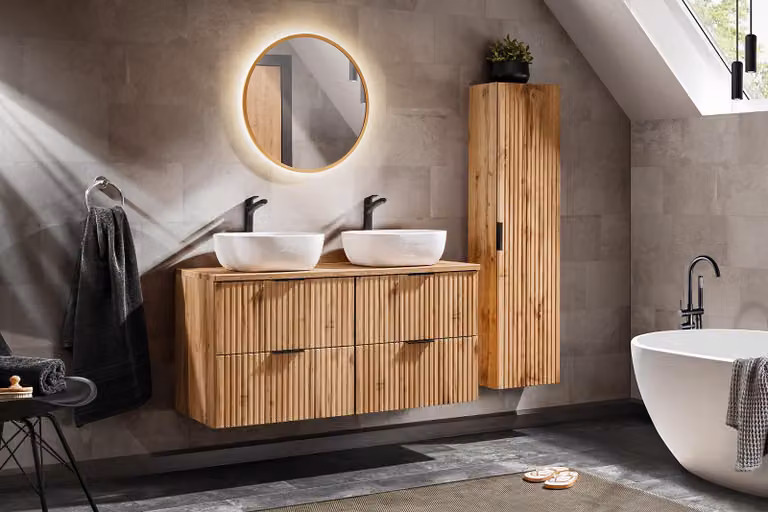Conjunto de muebles de baño moderno DMK con mueble de lavabo y columna en color marrón roble mate de 120 cm