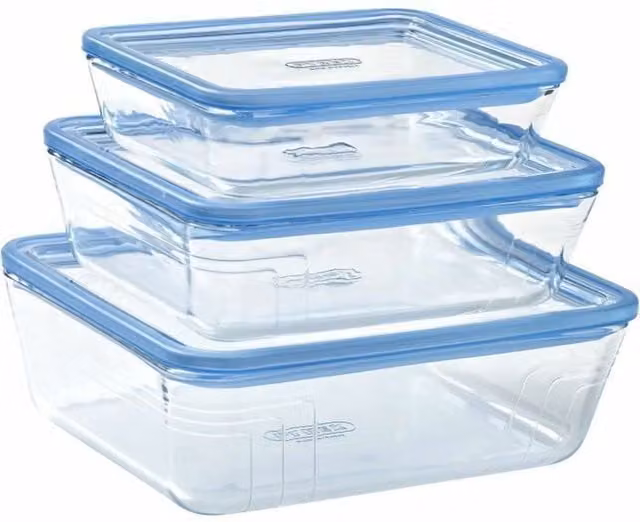 Set de 3 recipientes para comida Pyrex de cristal azul transparente con cierre hermético y a prueba de fugas