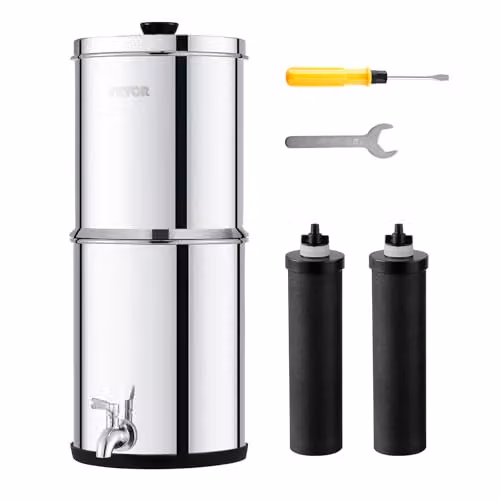 Sistema de filtración de agua por gravedad VEVOR de 5,5 l en acero inoxidable color plata con 2 filtros de carbón y grifo para reducir plomo y cloro