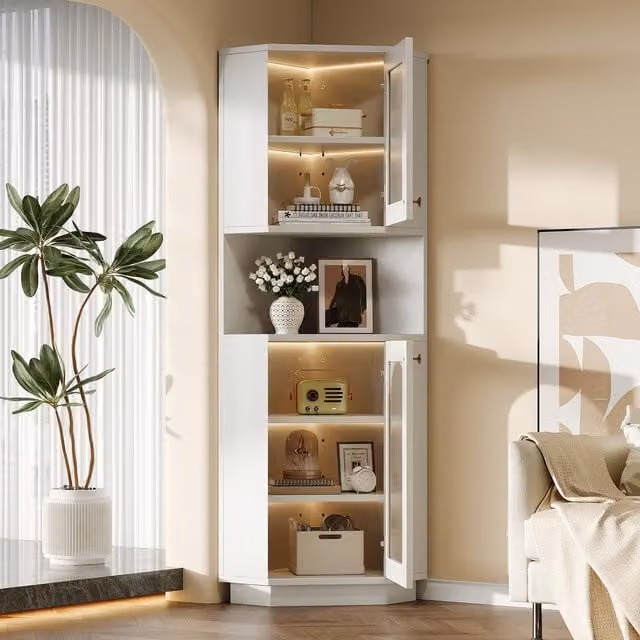 Mueble de baño esquinero ITGOALSHOP con luz LED integrada, puertas de cristal y estantes internos, color blanco, An/P/Al: 45 x 45 x 166,5 cm