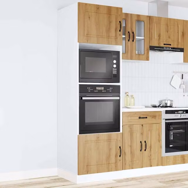 Set de 2 armarios para horno SYFAX en madera de roble color marrón con acabado mate y puertas batientes