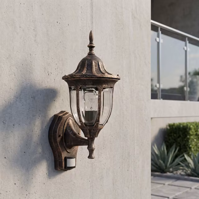 Aplique de pared exterior Bobus con sensor de movimiento y acabado dorado antiguo, bombilla E27 e IP44