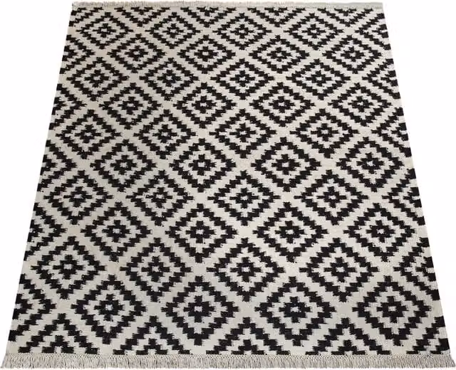 Alfombra de lana Kenolia negra y blanca de estilo marroquí con flecos, An: 60 cm, Al: 110 cm