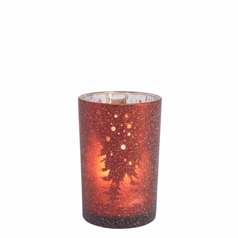 Portavelas decorativo de vidrio esmerilado Sia Deco rojo y plateado para mesa con diseño abstracto redondo, Altura: 18 cm, Ancho: 12 cm, Profundidad: 12 cm
