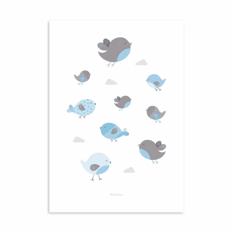 Póster de pared de papel Nicolasito con ilustración de pajaritos en azul, 30 x 40 cm
