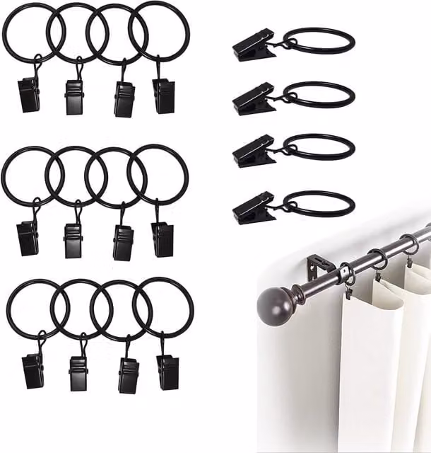 Juego de 16 anillas de metal con clips LABLANC para cortinas en color negro, Diámetro interior: 35 mm