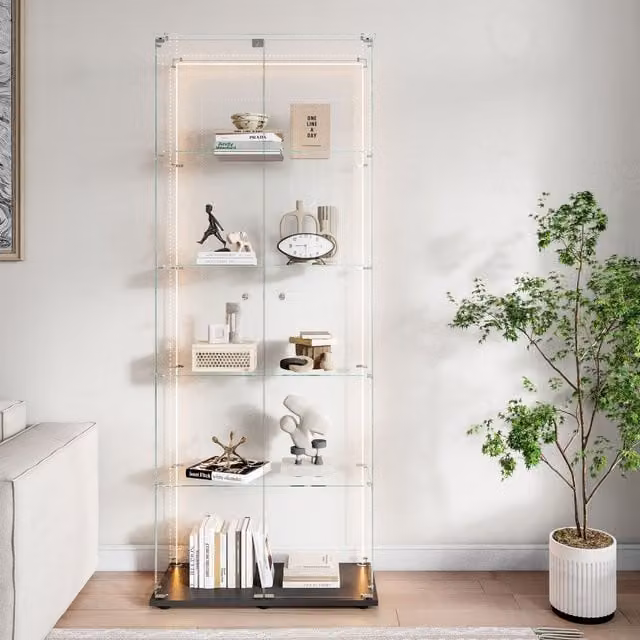 Vitrina de cristal NAHILIMI de 5 niveles con doble puerta, iluminación LED integrada y mando a distancia, color negro, An/P/Al: 78,5 x 34,5 x 186 cm