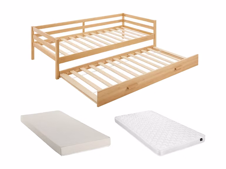 Cama nido infantil de estilo escandinavo con cajones en madera de pino y MDF, An/P/Al: 90 x 190 cm, color blanco, beige o marrón con colchón de espuma incluido