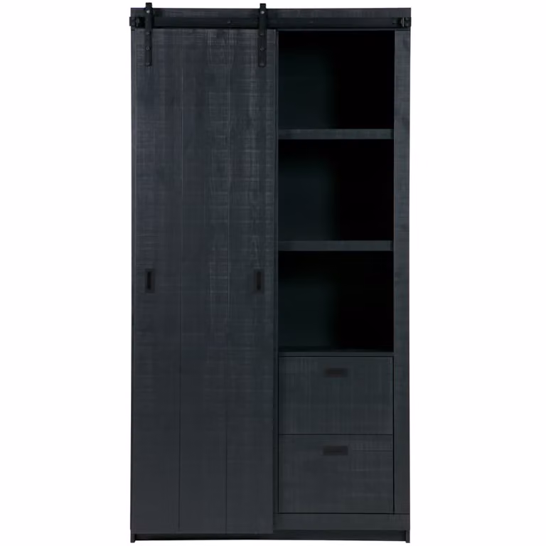 Armario de puertas correderas vtwonen de madera de pino rústica en color negro y gris con cajones y estantes internos