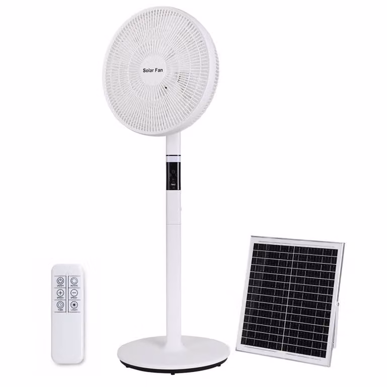 Ventilador solar con pedestal LEDBOX blanco recargable con mando a distancia y temporizador