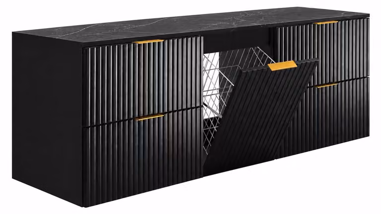Mueble suspendido para lavabo 3E x 3E living.com con encimera de mármol Royal y cesto para ropa, color negro mate, An/P/Al: 160 x 46 x 57 cm