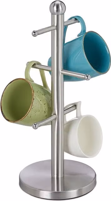 Soporte para tazas de sobremesa con 6 brazos tipo árbol de relaxdays, acero inoxidable, plateado, Al: 37 cm, An: 15 cm