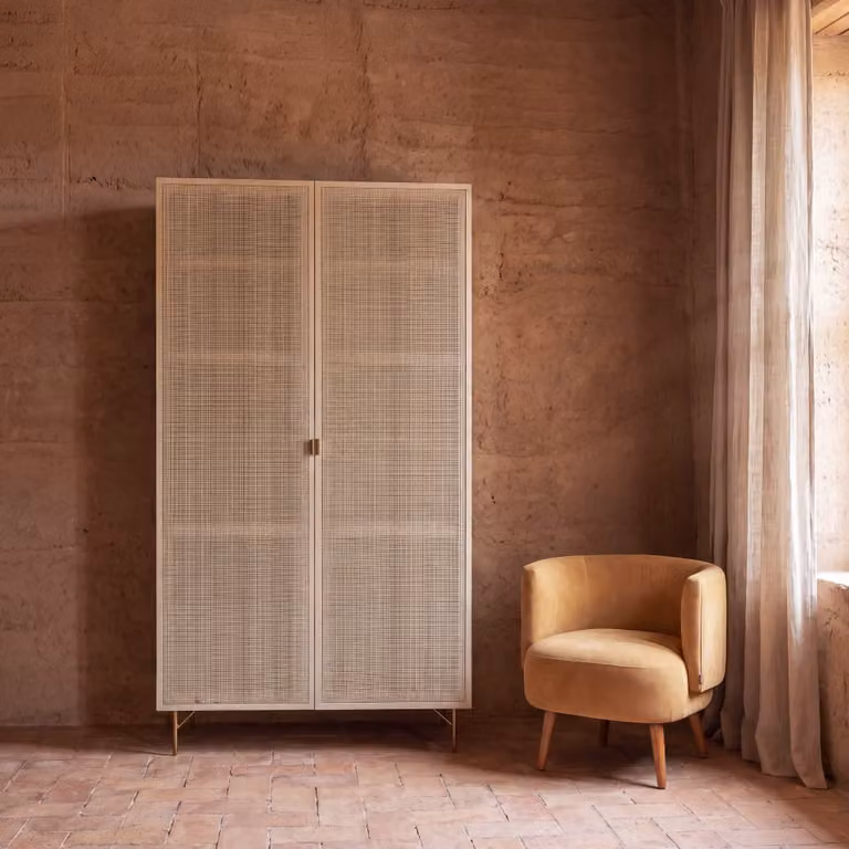 Armario de 2 puertas con cajones integrados de Maisons du Monde en chapa de abedul y ratán color beige