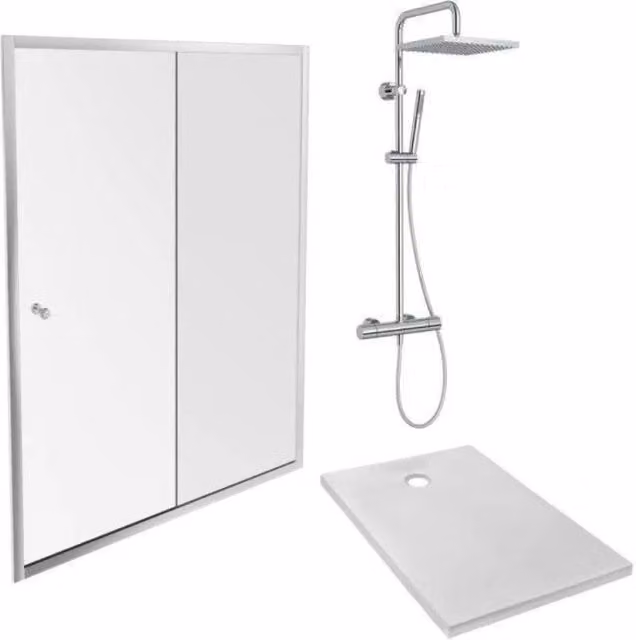 Plato de ducha Ipso de Jacob Delafon con pared corredera y columna de ducha Brigitte, An/P/Al: 120 x 90 x 6 cm