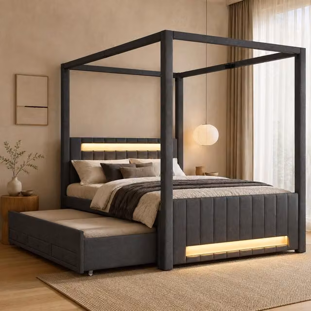 Cama Nido Mivray Gris con Diseño de Dosel, Iluminación LED y 3 Cajones, An/P/Al: 140 x 200 x 186 cm