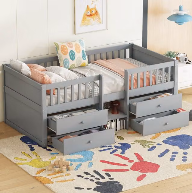 Cama semialta BEAOK para niños en pino y MDF con cajones, escalera y estante integrado, color gris, An/P/Al: 90 x 200 x 120 cm