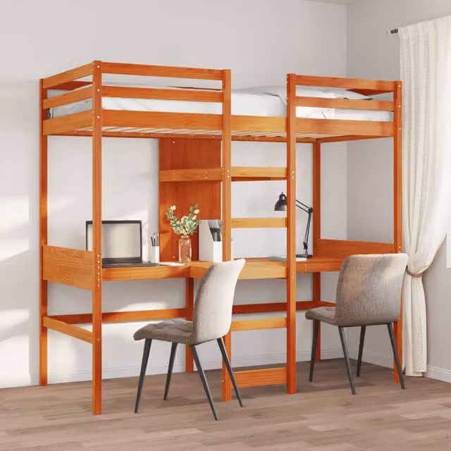 Cama alta SYFAX de madera maciza de pino con escritorio y estantes, color marrón, An/P/Al: 90 x 200 x 190,5 cm