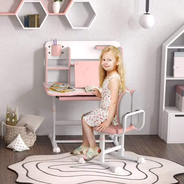 Escritorio infantil AIYAPLAY con superficie inclinable y altura ajustable, rosa y blanco, An/P/Al: 80 x 55 x 107.5 cm