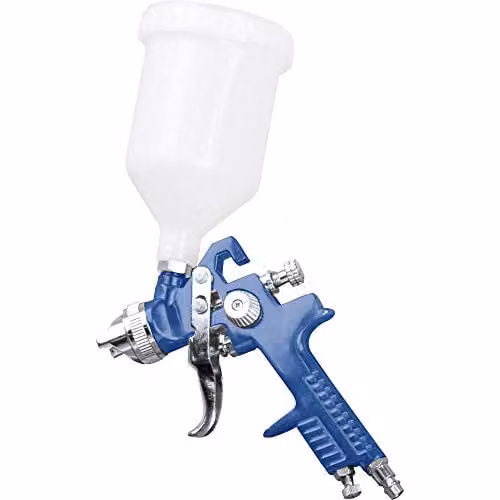 Pistola de pintura neumática Scheppach con patrón de pulverización ajustable, capacidad de depósito de 0,6 l y presión de 3,5 bar, color azul, negro y blanco