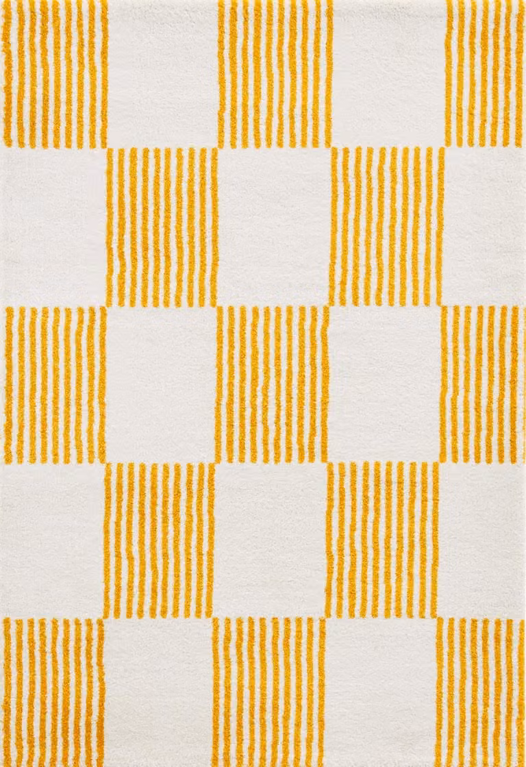 Alfombra Nazar de estilo retro años 70 con diseño de rayas en color amarillo, An/P: 160 x 230 cm