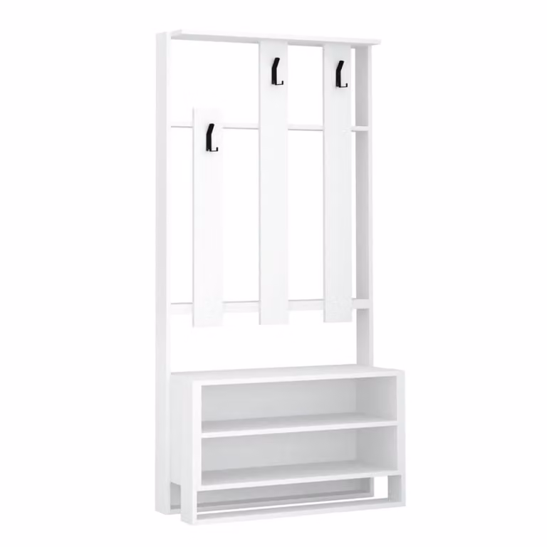Mueble de entrada Calicosy con 3 estantes y 3 ganchos, color blanco, Altura: 180 cm