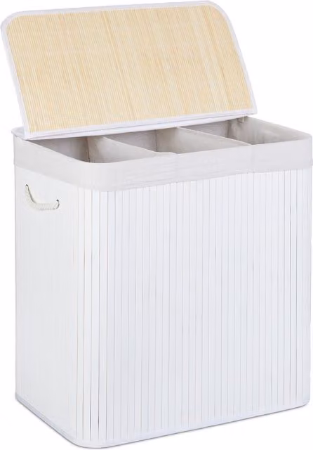 Cesto para ropa sucia rectangular de bambú con tapa y 3 compartimentos de Relaxdays, color blanco, An/P/Al: 62 x 62,5 x 42,5 cm