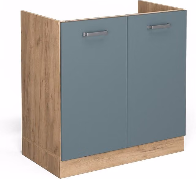 Armario bajo para fregadero Vicco R-Line en color azul mate con puertas batientes de 80 cm