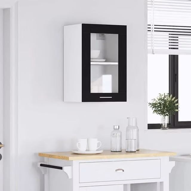 Vitrina colgante SYFAX de madera MDF y cristal con puertas de vidrio en color negro mate, An/P/Al: 40 x 31 x 60 cm