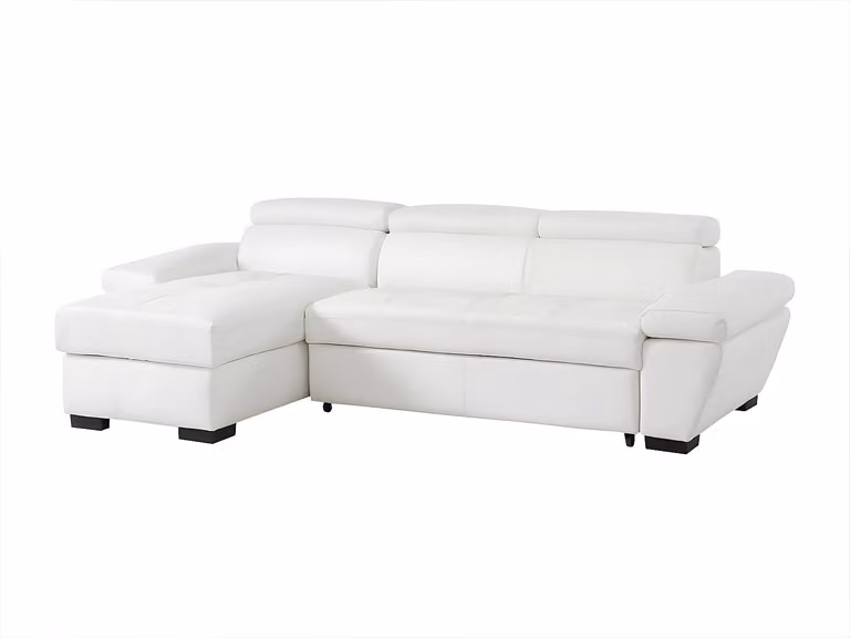 Sofá cama rinconera de piel JONOVA en blanco con ángulo izquierdo y reposacabezas ajustable