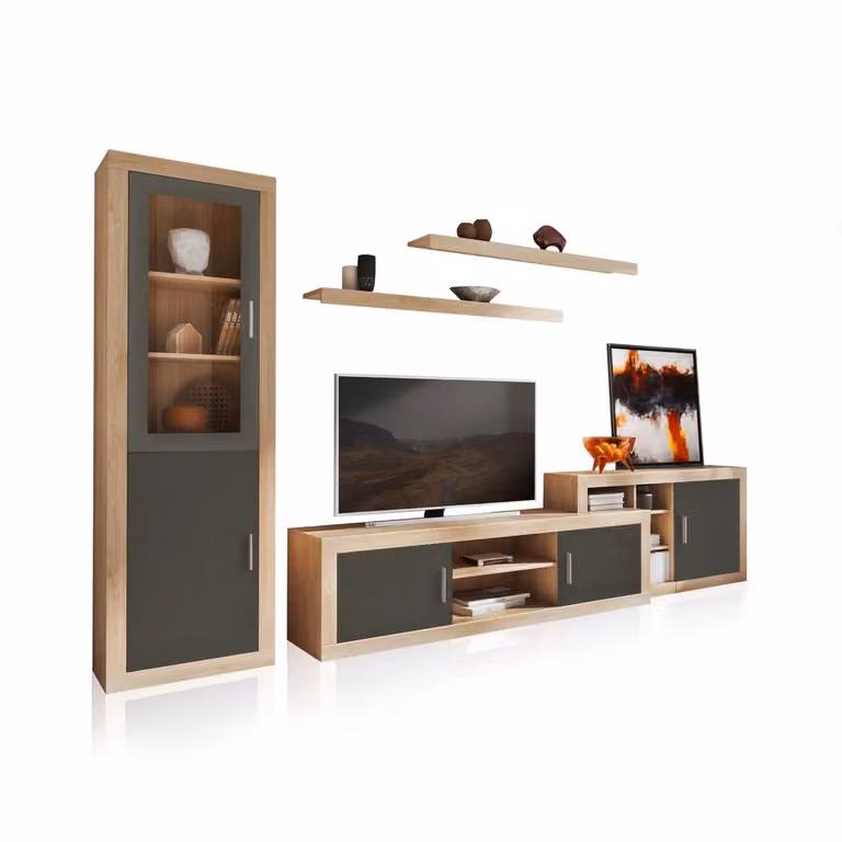 Salón modular Nuka V11 Duehome de estilo escandinavo en beige y marrón con vitrina, estantes y cajones