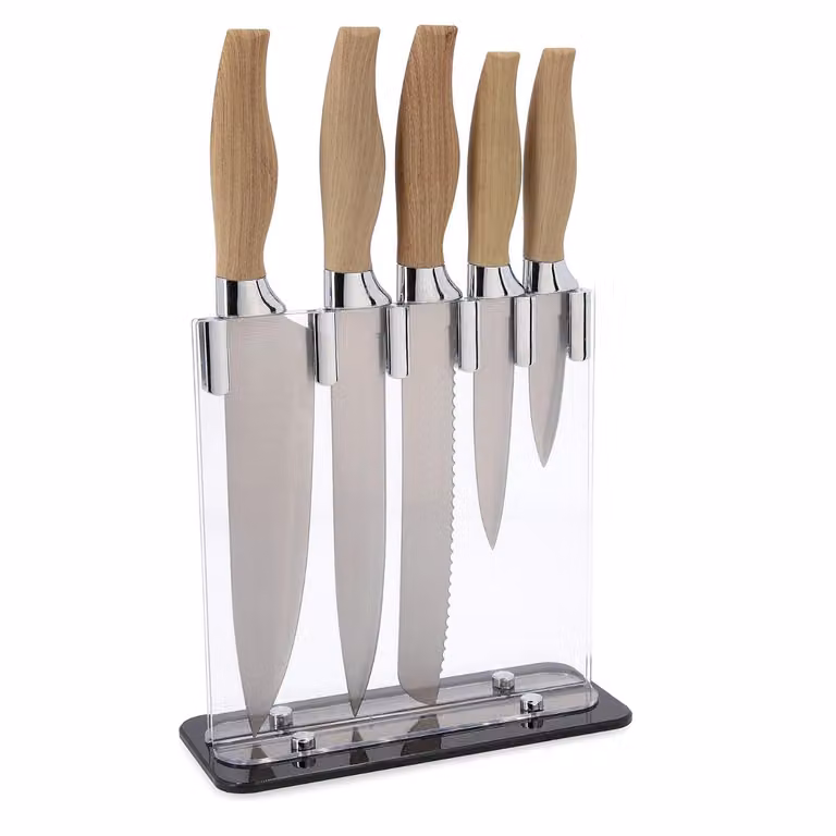Juego de 5 cuchillos de cocina Quid Baobab con soporte de madera marrón y cuchillos de acrílico transparente