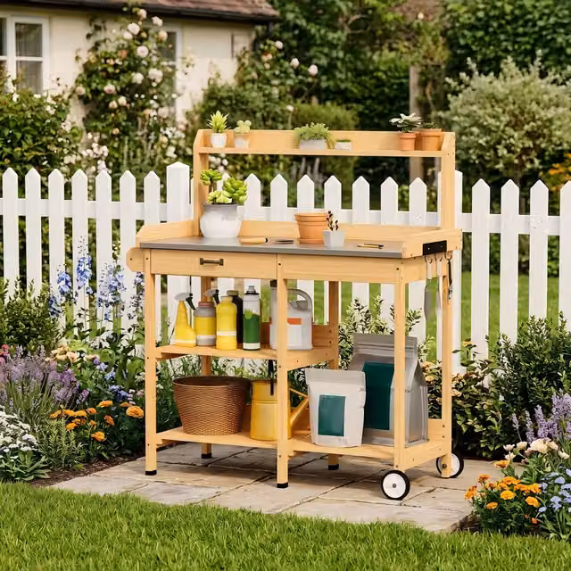 Mesa de trasplante BEALIFE de madera de abeto y metal en color marrón con cajón y estantes de almacenamiento para jardín, terraza o balcón, An/P/Al: 108 x 43 x 120 cm