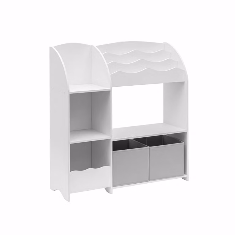 Organizador de juguetes Rebecca Mobili para habitación infantil en MDF blanco y gris con 5 compartimentos y 2 cajas