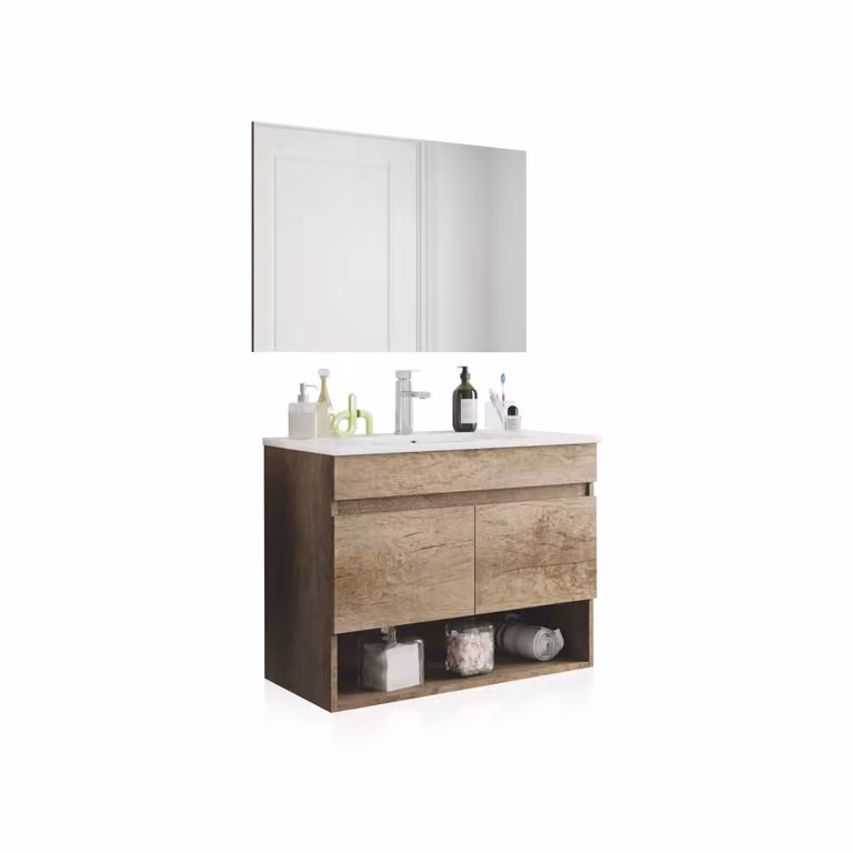 Mueble de baño suspendido de 2 puertas y espejo Duehome en acabado nordik An/P/Al: 80 x 64 x 45 cm