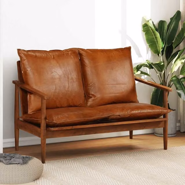 Sofá de 2 plazas retro de vidaXL con cuero marrón y estructura de madera de acacia sólida