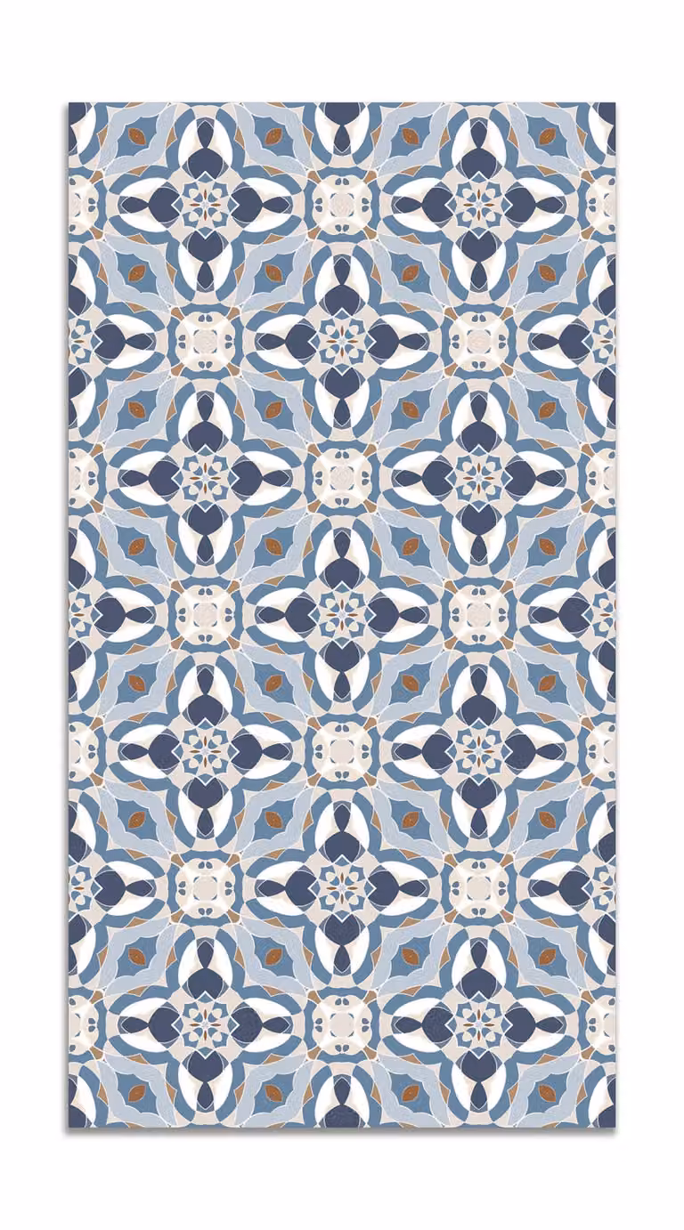 Alfombra vinílica de diseño oriental caleidoscopio en color azul, An/P: 60 x 200 cm
