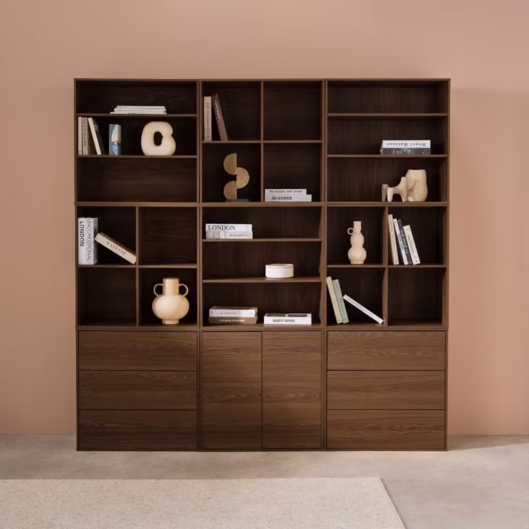 Kit de estantería modular decorativa Sweeek de madera con 9 elementos, color nogal, An/P/Al: 210 x 35 x 210 cm