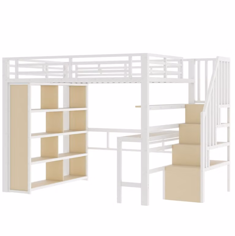 Cama alta REDOM de metal y MDF en color blanco con escritorio, estantería, compartimentos laterales, escaleras y luz LED integrada An/P/Al: 200 x 140 x 169,4 cm