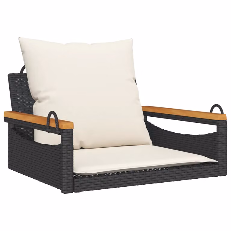vidaXL Banco columpio de ratán sintético con cojines y estructura de acacia, color negro y blanco, An/P/Al: 63 x 62 x 40 cm