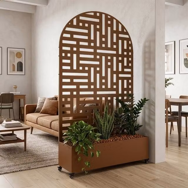 Biombo Bernalda CASA.PRO con jardinera de diseño arco redondeado en acero galvanizado, color marrón, Al x An x P: 190 x 120 x 38 cm