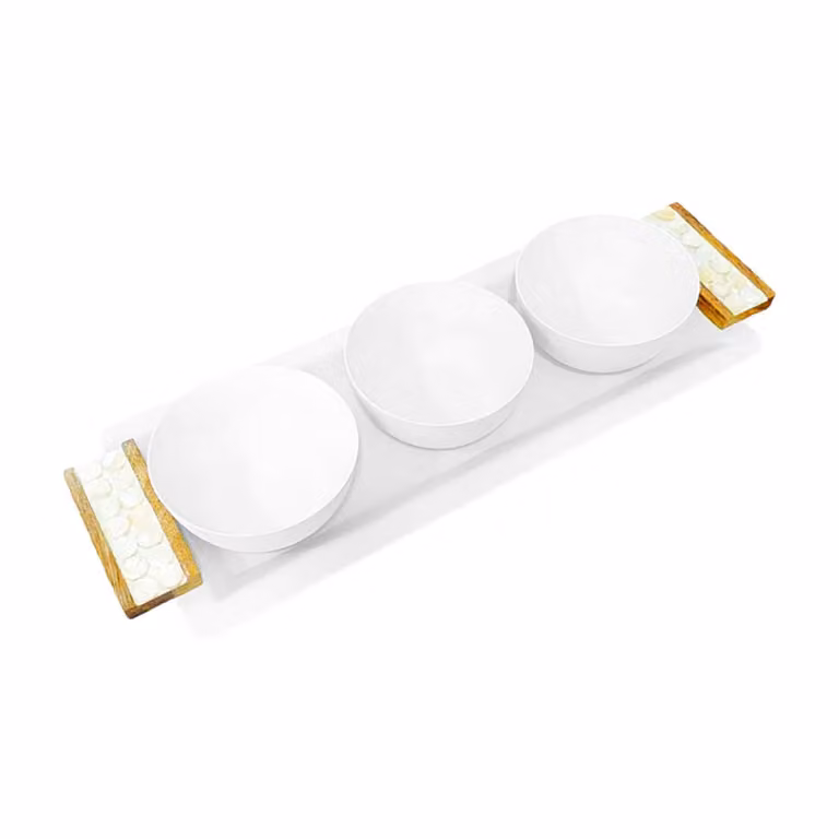 Set de aperitivo Aulica con 3 platillos y bandeja de madera y metal en color blanco An/P/Al: 33 x 14 cm