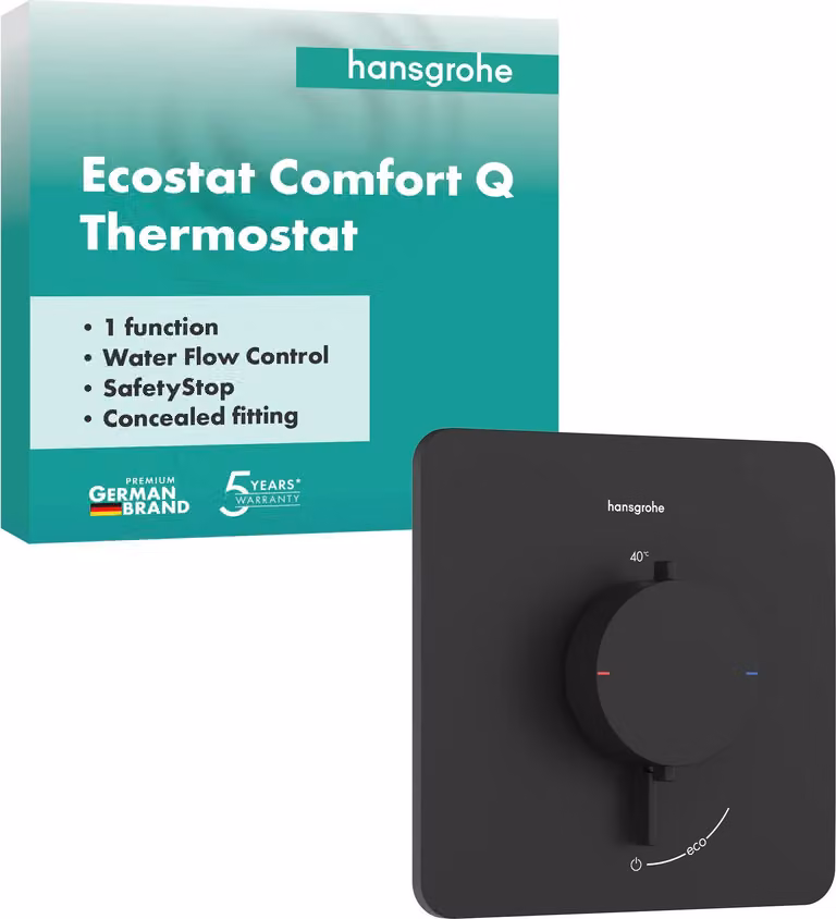 Termostato de ducha empotrado Hansgrohe Ecostat Comfort Q con botón de seguridad SafetyStop, mezclador de una función en negro mate