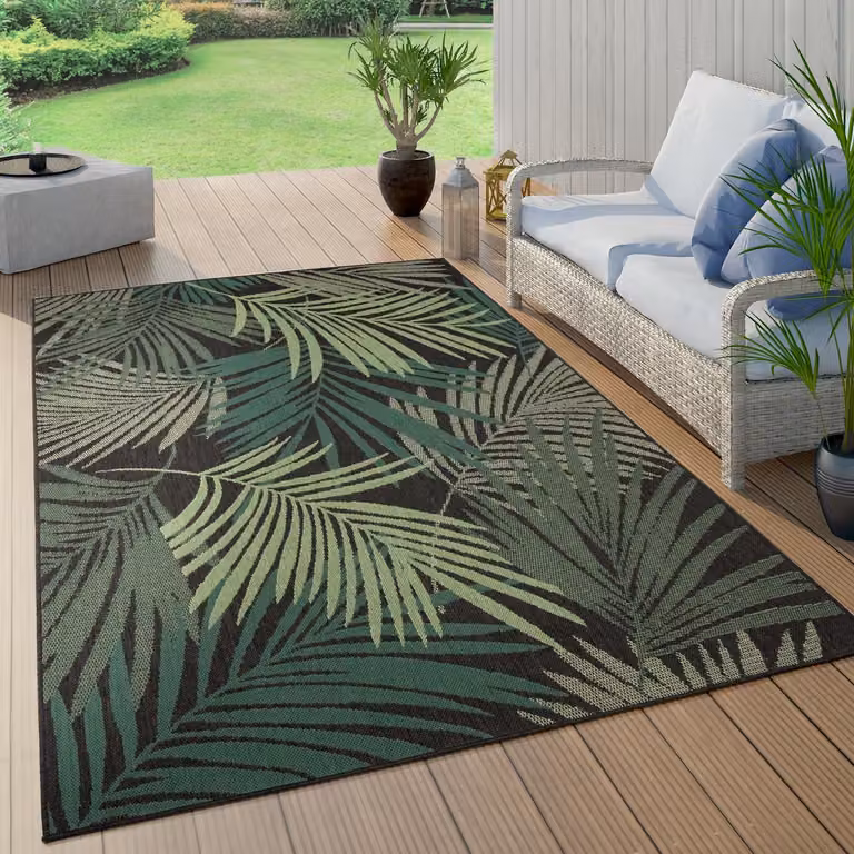 Alfombra de exterior Paco Home con diseño floral de jungla y estilo boho chic, redonda, color verde y negro, Diámetro: 120 cm