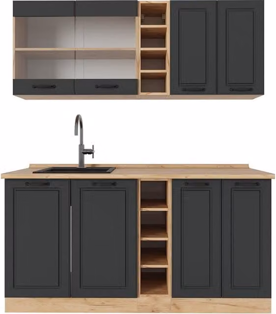 Cocina para solteros Vicco R-Line estilo casa de campo en antracita y roble, An: 160 cm