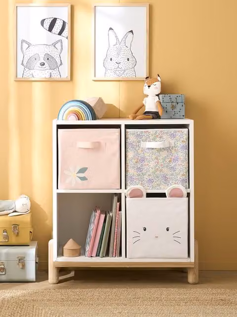 Pack de 3 cajas de organización Campestre de Vertbaudet en color blanco con estampado y asas para habitación infantil