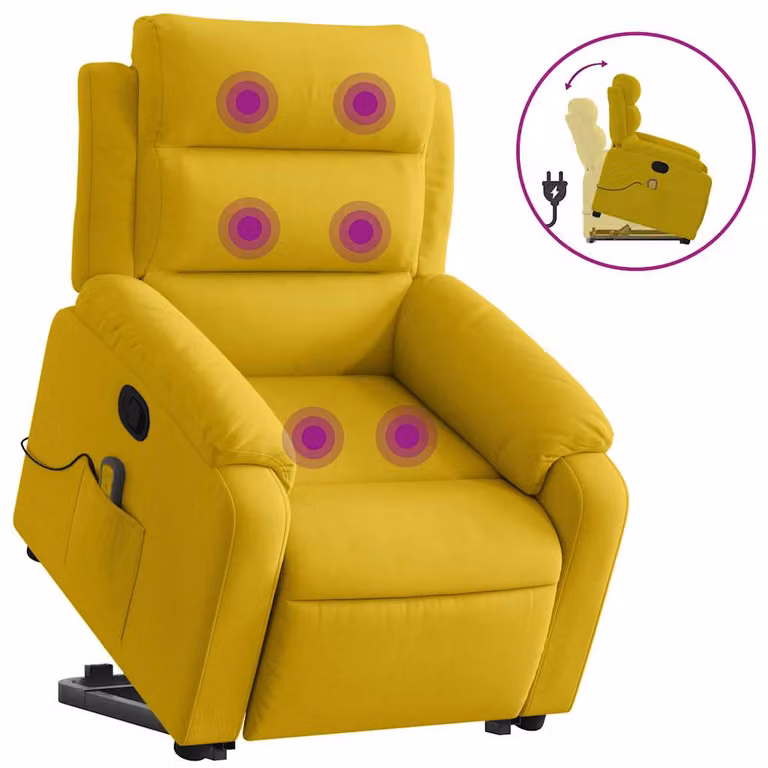 Sillón reclinable de masaje elevable vidaXL en terciopelo amarillo con reposabrazos para mayores